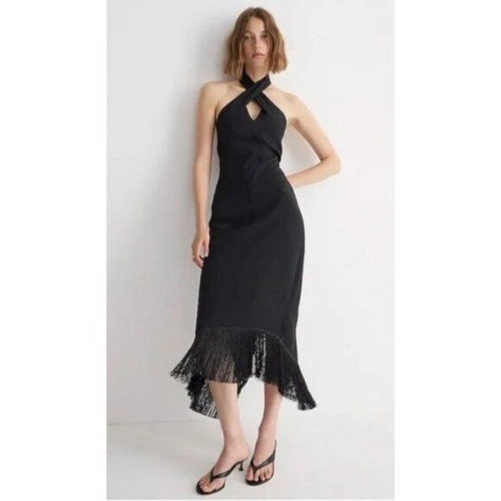 NWT J. CREW Collection Halter Neck Fringe Hem Dress Black Crepe, Size 22